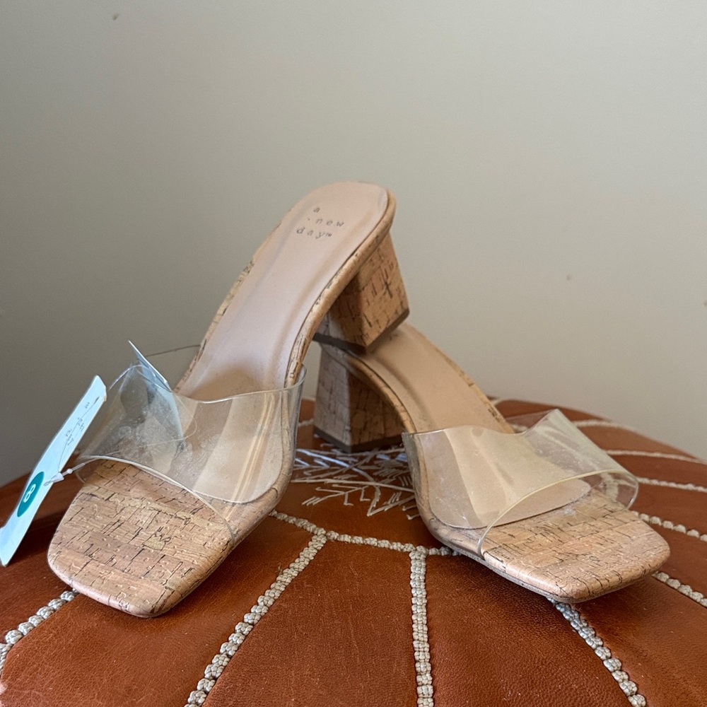 NWT Clear Strap Cork Block Heel Sandals in Natural